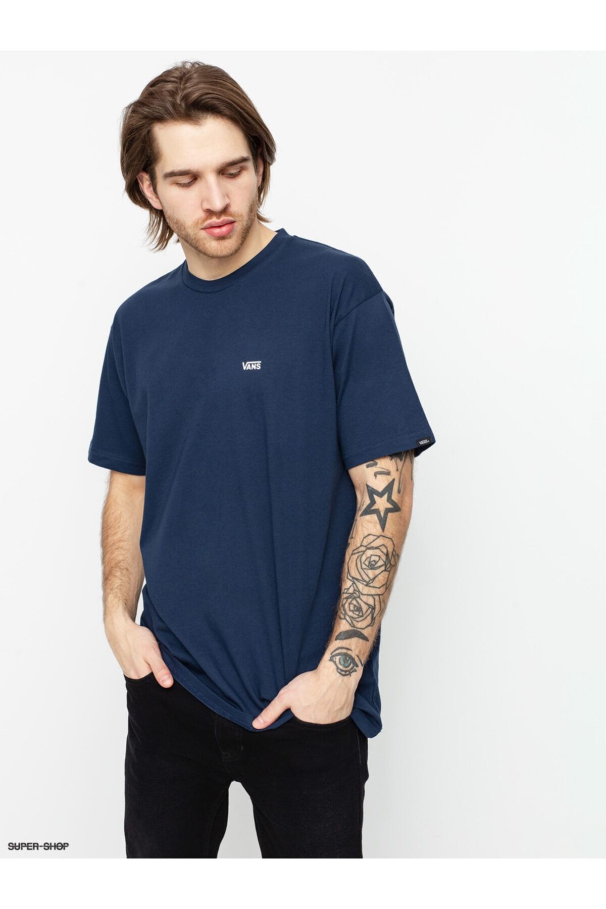 تی شرت آبی سرمه ای یقه خدمه طرح چاپی مدل قواره دار آستین کوتاه مردانه ونس Vans (برند آمریکا)