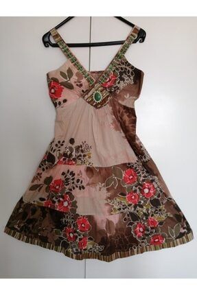 Kadın Kahverengi Otantik Pamuk Çok Renkli Çiçekli El İşi Taş Boncuk Nakışlı Elbise 557968