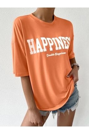 Happiness Baskılı Turuncu Oversize T-shirt heppi20