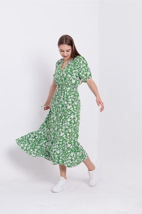 Kadın Oversize Uzun Yeşil Çiçek Desenli Elbise GC-0207
