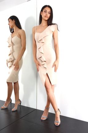 Kadın Taş Rengi Tek Omuz Önü Fırfırlı Önden V Yırtmaçlı Kısa Krep Abiye Elbise 5300-008