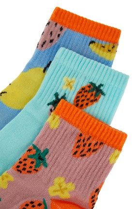 Çok Renkli Meyve Desenli 3'lü Paket Örme Soket Çorap THMAW23CO00025