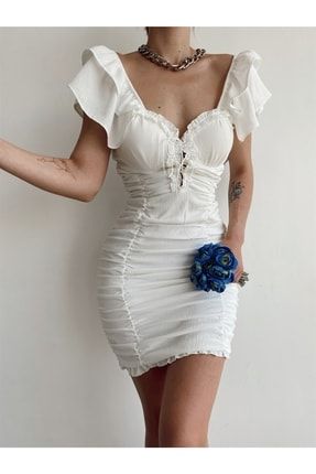 Korsajlı Drape Elbise Beyaz ANG-Mia-7063