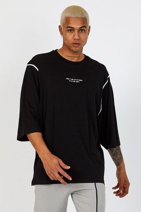 Siyah Oversize Reglan Kol Yazılı T-shirt 2yxe2-46287-02 2YXE2-46287