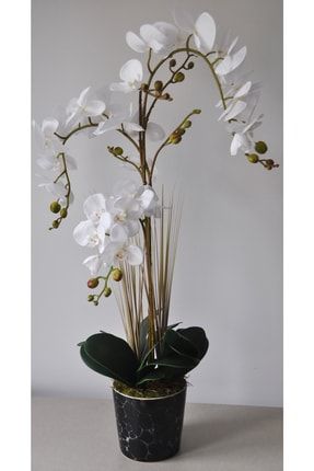 Seramik Vazoda Mega Boy Yapay 3 Dal Beyaz Orkide Çiçeği Ve Yaprakları (92cm) MGBKDÇ