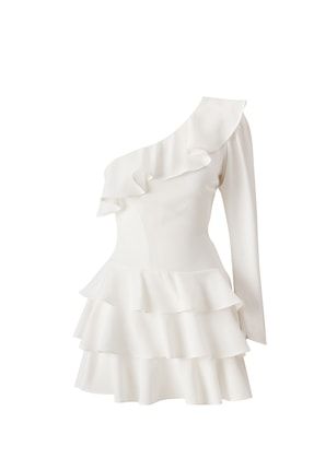 Volanlı Tek Omuz Beyaz Elbise GPSS220031