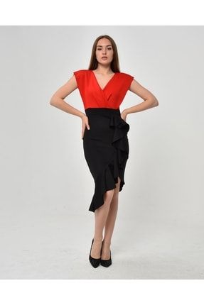 Kırmızı Siyah Yırtmaç Ve Volan Detay Abiye Elbise 01231