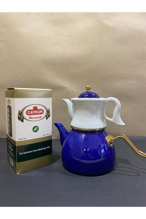 Porselen Demlikli Lacivert Emaye Çaydanlık Takımı Ve 400 Gr Çay Seti lacivert Çaydanlık ve Çaykur Hediyelik