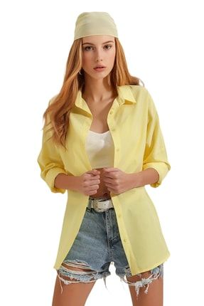 Kadın Sarı Oversize Uzun Basic Gömlek BA0842