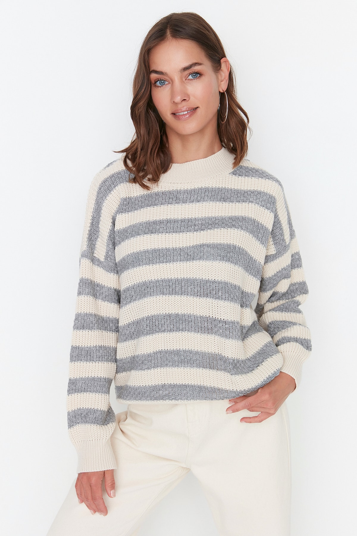 Trendyol Collection Ecru Wide Fit Striped Knitwear Sweater Twoaw23Kz00516