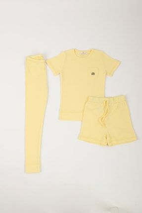 Organik Pamuklu Fitilli Sarı Renk T Shirt Şort Pantolon Çocuk Takım SBM000013-yellowtshirtshortset