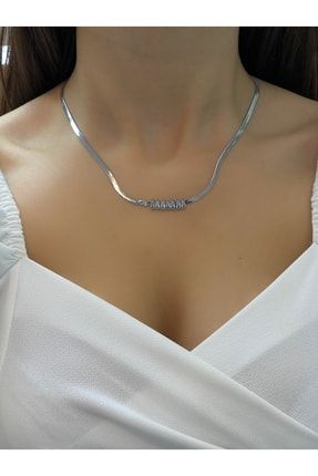 Kadın Gümüş Rengi Italyan Zincir Zirkon Taşlı Kararmaz Çelik Kolye DJVKLY170