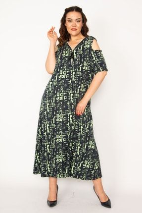 Kadın Yeşil Omuz Dekolteli Ön Patı Fermuar Detaylı Uzun Elbise 65n33211 65N33211