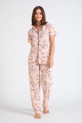 Kadın Gömlek Yaka Pijama Takımı Desenli lila-1974