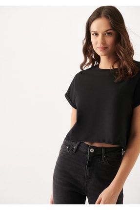 Siyah Basic Crop Tişört Oversize / Geniş Kesim 168220-900