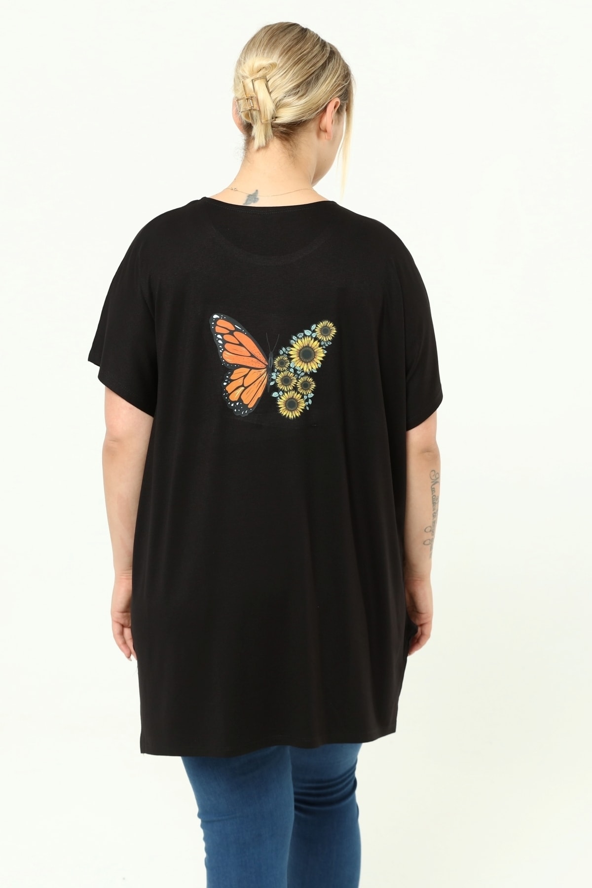 ÇİFTXL Büyük Beden Sırt Kelebek Baskılı Örme Oversıze T-shirt
