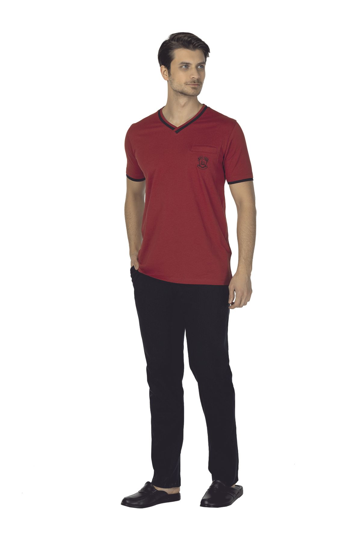 D'S Damat ست لباس خواب آستین کوتاه یقه وی شکل Claret Red