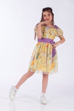 Kız Çocuk Sarı 7-10 Yaş Kolsuz Baskılı Elbise Y22-2376