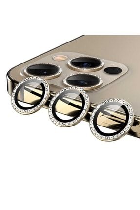 Iphone 11 Pro Max Ile Uyumlu Taşlı Tasarım Premium Kamera Lens Koruyucu Gold SKU: 303740