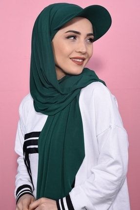 Şapkalı Boneli Hazır Şal Hijap Zümrüt sapka44