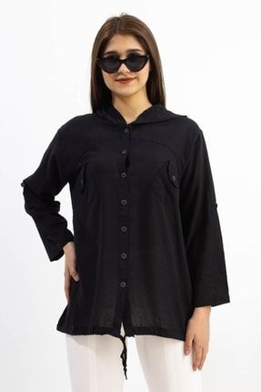 Yıkamalı Kapüşonlu Keten Kadın Gömlek Md02 Siyah C3-T0015-00009