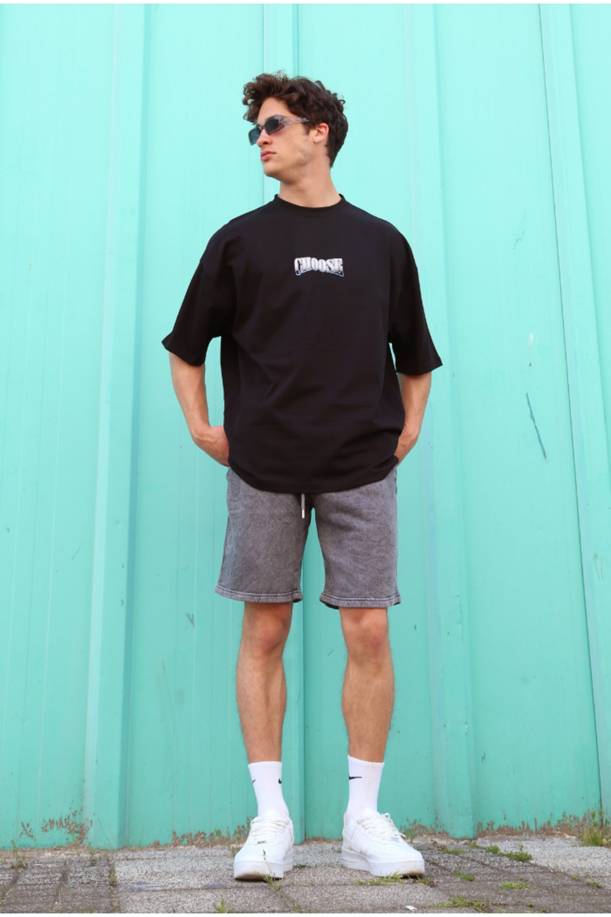 Choose Sırt Iskelet Baskılı Oversize %100 Pamuk Siyah T-shirt