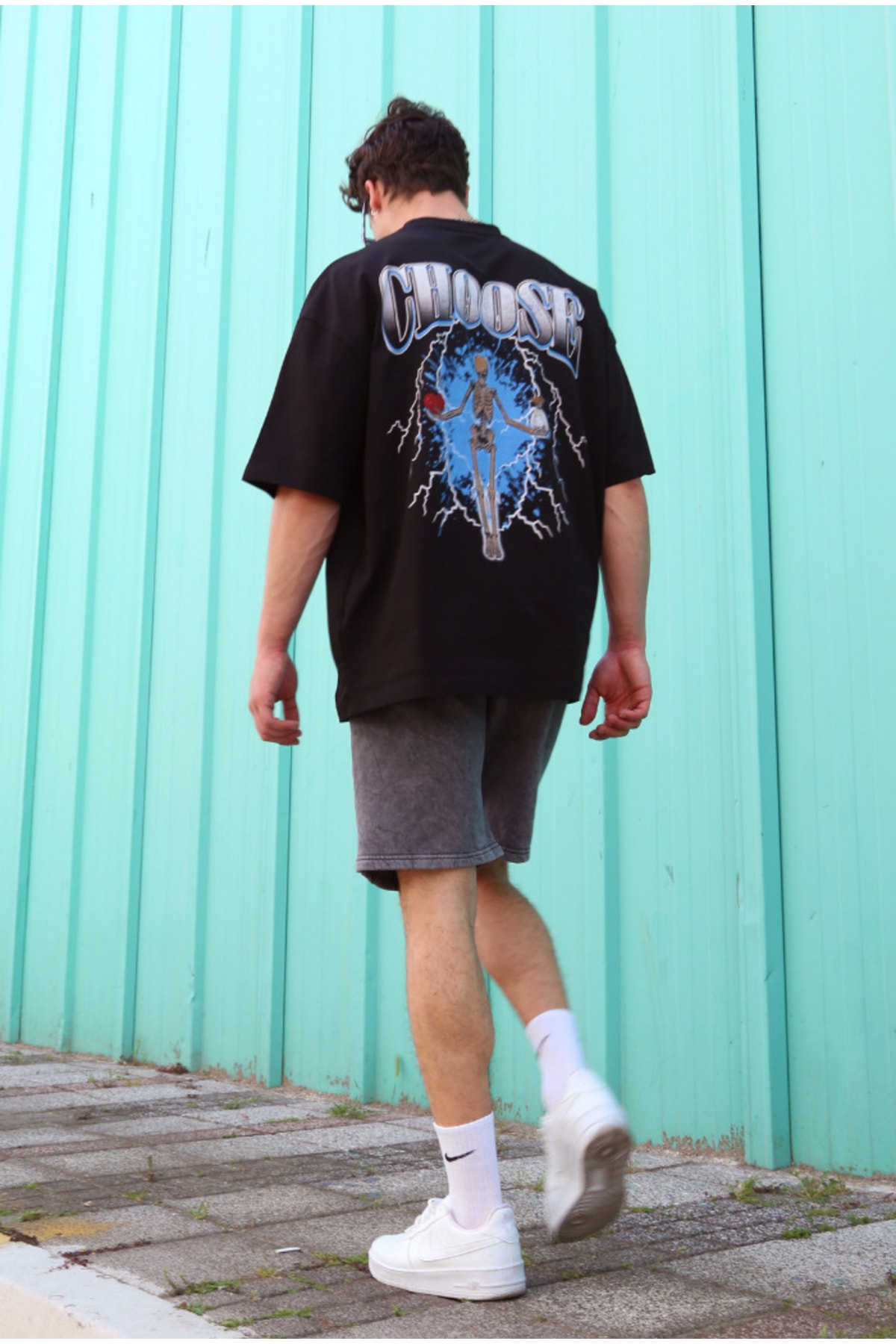Choose Sırt Iskelet Baskılı Oversize %100 Pamuk Siyah T-shirt