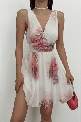 Beyaz Çiçek Desen Baskılı Şifon Elbise AFŞ-BDECK