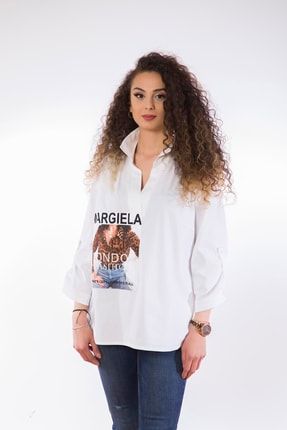 Lamia Donna Dijital Poplin Kadın Baskılı Beyaz Gömlek 8202202021020