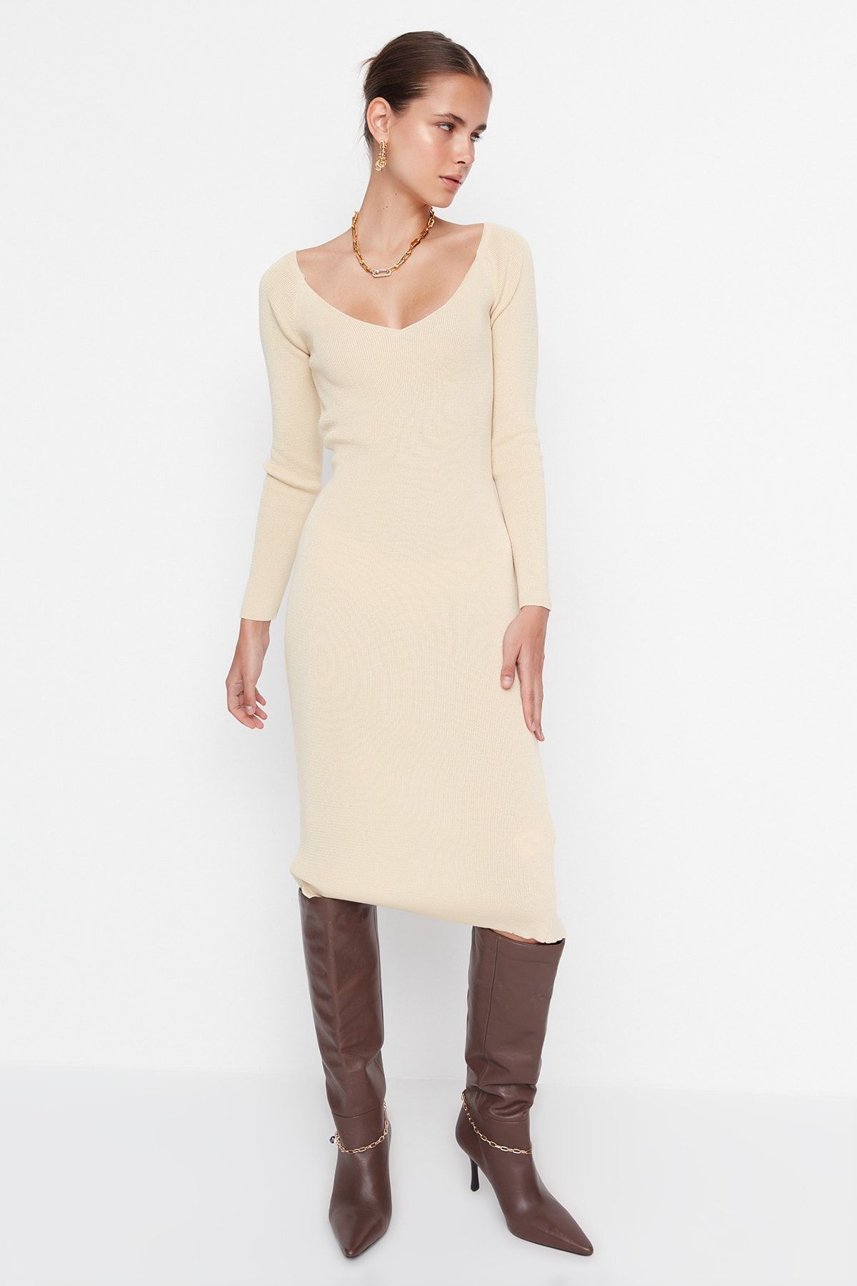Trendyol Collection Kleid Beige Bodycon Fast ausverkauft