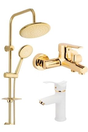 Yuvarlak Gold Robot Duş Sistemi Banyo Batarya Ve Beyaz Gold Kartal Lavabo Bataryası Musluğu 3’lü Set GOLD YVRK BYZ