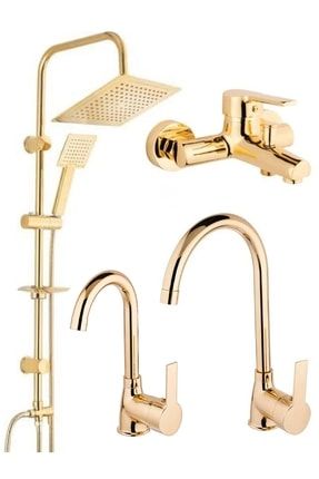 Altın Renk Robot Duş Sistemi Mutfak Eviye Banyo Ve Lavabo Musluğu Bataryası 4’lü Set GOLD 4 ST KR