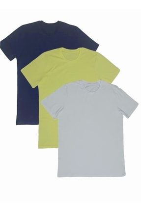 Lacivert-sarı-beyaz %100 Pamuk Bisiklet Yaka Basic Unisex 3lü T-shirt Paketi 3LÜ-3XLTSHİRT