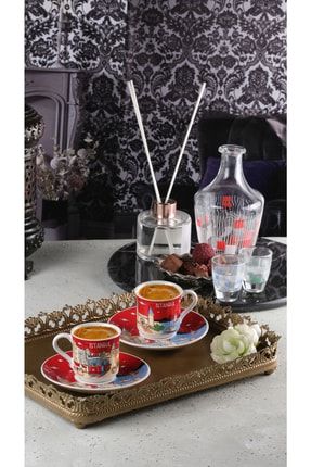 Istanbul Temalı Baskılı Porselen Ikili Kahve Takımı 1 Nolu Tasarım MRS04-IST-01