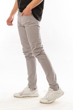 Erkek Açık Gri Pamuklu Paçası Şeritli Chino Spor Pantolon CHİNO2561