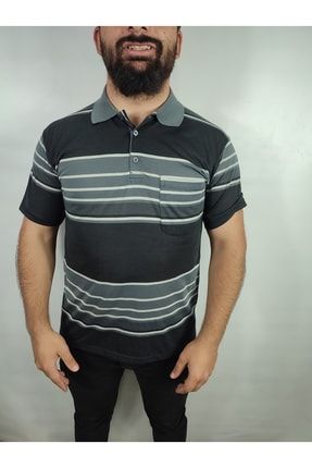 Erkek Düz Renk Çizgili Polo Yaka Gömlek Yaka T-shirt Baba Tişörtü Tshirt 406