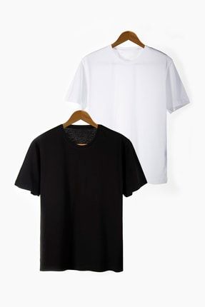 Unisex Siyah Ve Beyaz Bisiklet Yaka Oversize Kalıp Basic Pamuklu T-shirt 2'li Set P-29