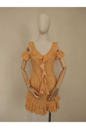 Önü Fırfırlı Çiçek Desenli Elbise HA2022-24