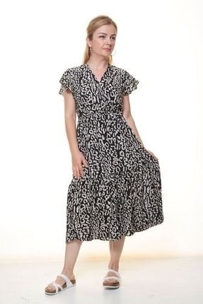 Kadın Kruvaze Yaka Desenli Yazlık Midi Elbise 12a-6075 12A-6066