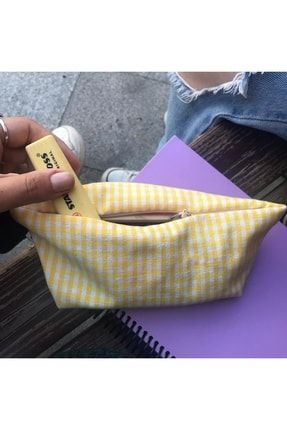 Sarı Pötikareli Yıkanabilir Fermuarlı Tek Gözlü Bez Kalemlik Kalem Kutusu Cüzdan Makyaj Çantası SDKALEMLIK