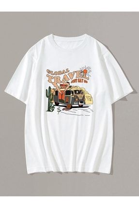 Oversize Unisex Global Travel Baskılı T-shirt %100 Pamuk mdl-newseason-s58