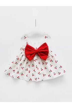 Kız Bebek Çocuk Kırmızı Fiyonk Detaylı Kiraz Desenli Elbise MONA