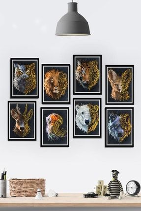 8 Parça Çerçeve Görünümlü Golden Asil Hayvanlar Temalı Mdf Dekoratif Tablo Seti Tontilika-8-28