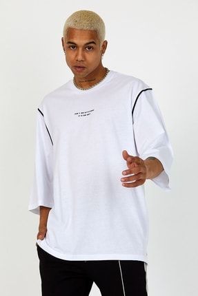 Beyaz Oversize Reglan Kol Yazılı T-shirt 2yxe2-46287-01 2YXE2-46287