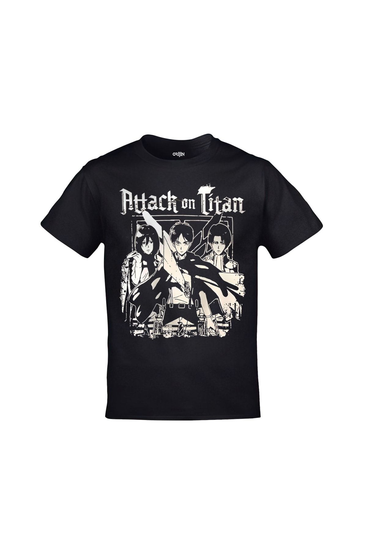 Orijin Tekstil Attack On Titan Eren Levi Mikasa Bask l Unisex Siyah Tshirt