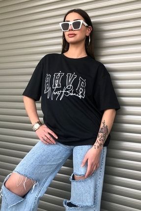 Kadın Bhvr Siyah Oversize Baskılı T-Shirt ufktsrt-146