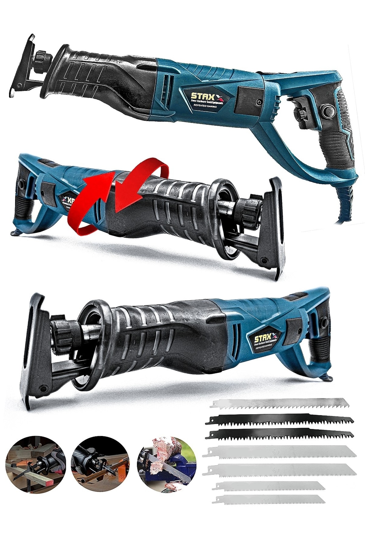 STAXX POWER St1845 4500 W Devir Ayarlı 180° Döner Başlıklı Tilki Kuyruğu Ahşap Metal Kemik Et Kesme + 7 Bıçak