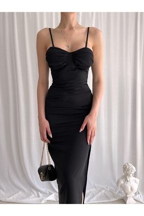 Göğüsü Drapeli Yırtmaçlı Midi Boy Callie Elbise 1234 - Siyah T4007