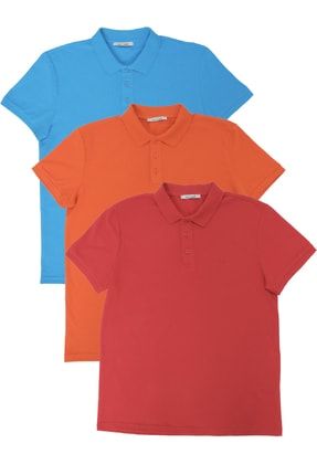 Erkek Regular Fit Polo Yaka 3lü T-shirt Turuncu-Mavi-Kırmızı 348PLST