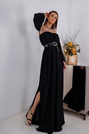 Siyah Kalp Straplez Yaka Ekleme Kol Iç Mini Astar Kemerli Maxi Boy Şifon Elbise P-0000007289
